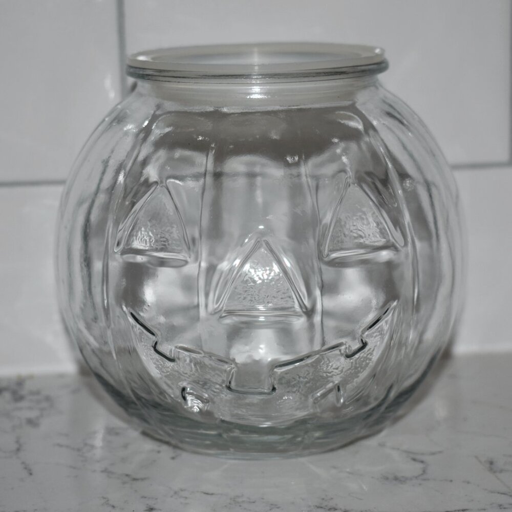 Vintage Clear Glass Jack O Lantern Pumpkin Candy Dish Jar Fall Halloween Decor
